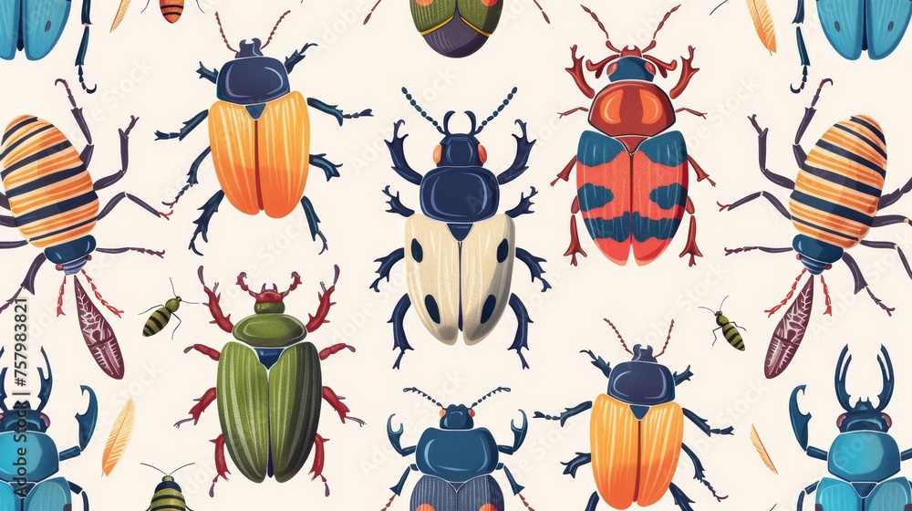 Poster beetles and bugs, endless fauna pattern for textile and fabric. repeating print and texture for summ