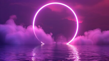 Luminescent neon circle frame with smoke on a water surface. Purple ring with bright sparkles and flares on a realistic 3D modern abstract mysterious background.