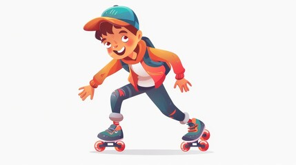 Fototapeta na wymiar A funny comic character on roller skates. A fun sport shape in a cap. A modern trendy abstract figure designed for kids. This is an isolated modern illustration for kids.