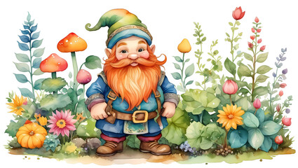 Painted garden gnome with flowers on white background