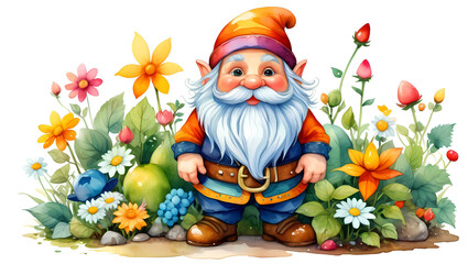 Painted garden gnome with flowers on white background - obrazy, fototapety, plakaty