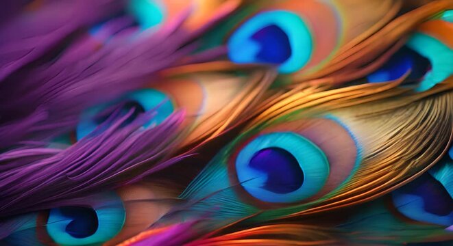 Close-up of a peacock feather, detailed and colorful background