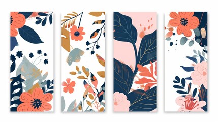 A set of botanical bookmarks. Abstract flowers, leaves, modern spring and summer flora, blossomed blooms, vertical decorative cards. Illustrator flat file.