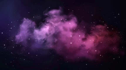 Modern illustration of dark night sky with pink and purple mist clouds, sparkles and glitter dust texture. Artistic galaxy background with smoke and stars.