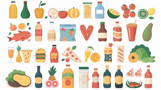 Food items icons. Vegetables, fruits, meat, fish, bakery, sweet confectionery, dairy, spirits, alcohol. Isolated on white background, flat graphic modern illustrations.