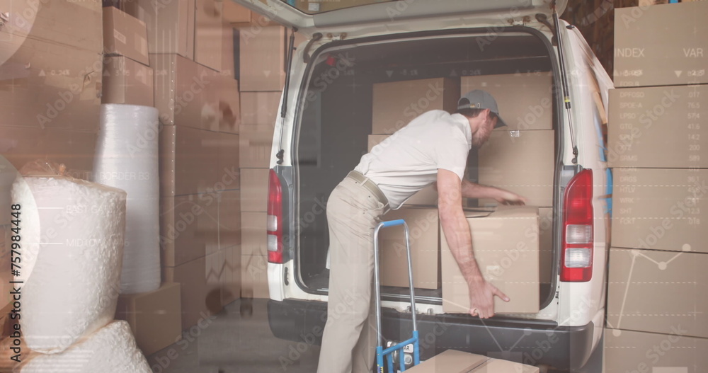 Aufkleber digital interface with data processing against caucasian delivery man stacking boxes in his van