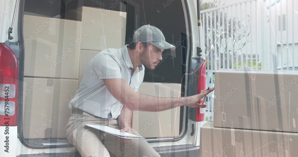 Poster statistical data processing against caucasian delivery man writing on clipboard and smiling