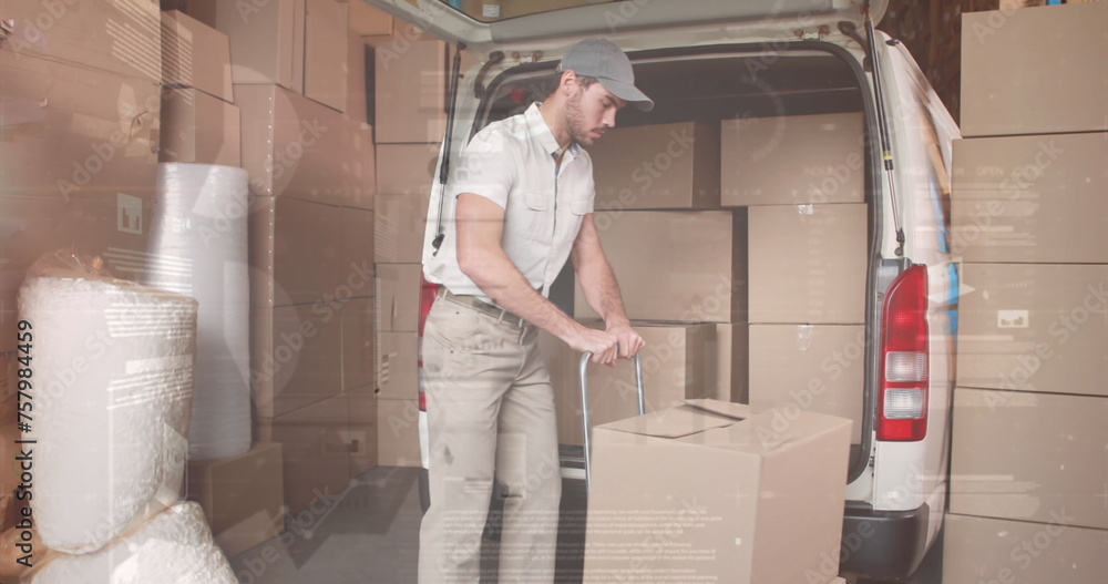 Poster digital interface with data processing against caucasian delivery man stacking boxes in his van