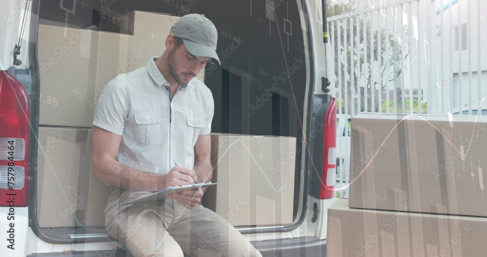 Poster statistical data processing against caucasian delivery man writing on clipboard and smiling