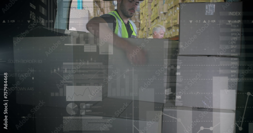 Poster digital interface with data processing against caucasian male worker man stacking boxes in the van