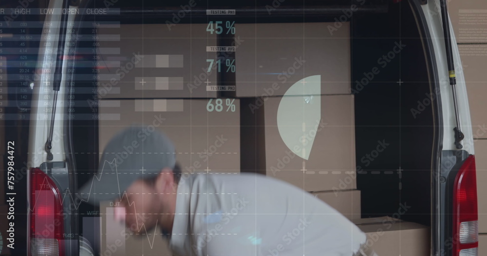 Aufkleber statistical data processing against caucasian delivery man removing boxes from his delivery van