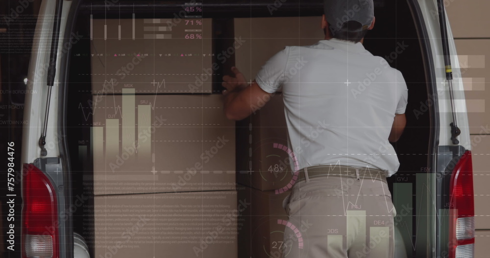 Poster statistical data processing against caucasian delivery man removing boxes from his delivery van