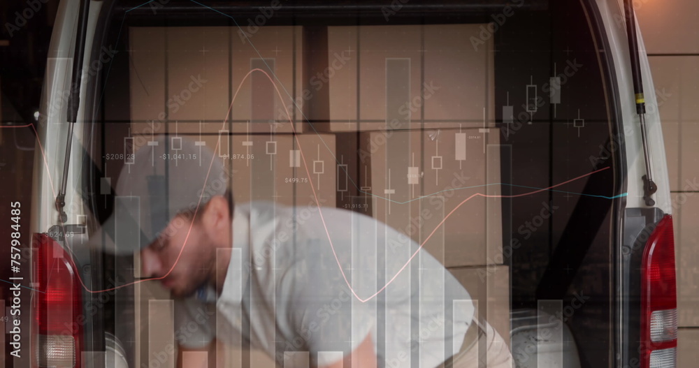 Poster statistical data processing against caucasian delivery man removing boxes from his delivery van