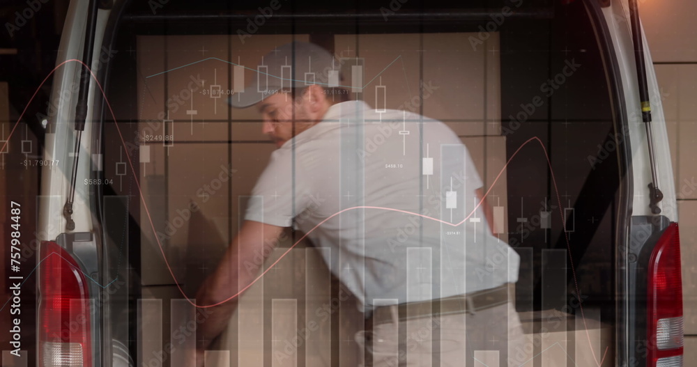 Aufkleber statistical data processing against caucasian delivery man removing boxes from his delivery van