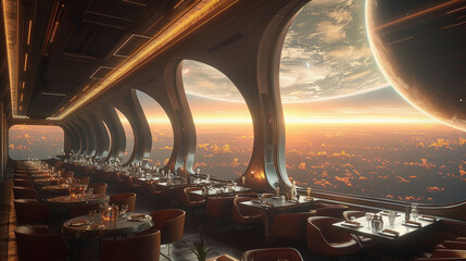 In a futuristic restaurant travelers indulge in space tourism. - obrazy, fototapety, plakaty