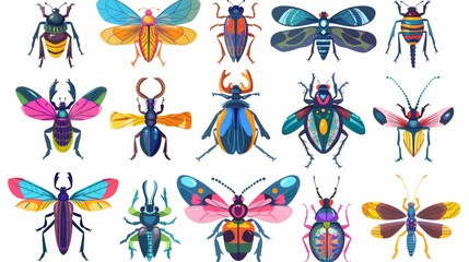 A set of colorful bugs with stag beetles, wasps, and fancy animals. Atop a white background, these illustrations have colorful wings, different colored patterns, and flat graphic modern