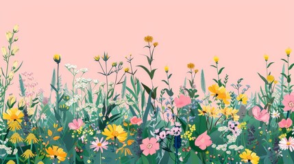 Botanical banner background with delicate flowers. Field plants, flowers of the summer, blossomed wildflowers, herbs of the meadow. Modern illustration.