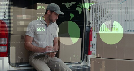 Image of statistics and financial data processing over delivery man and van