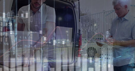 Image of statistics and financial data processing over delivery man and van
