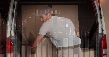 Statistical data processing against caucasian delivery man removing boxes from his delivery van