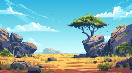 Wild African savannah landscape, with trees, rocks, plain grassland field, an outline of Kenya, with a parallax effect, modern illustration. Kenya panoramic view. - obrazy, fototapety, plakaty