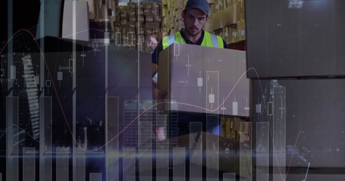 Image of statistics and financial data processing over delivery man and van