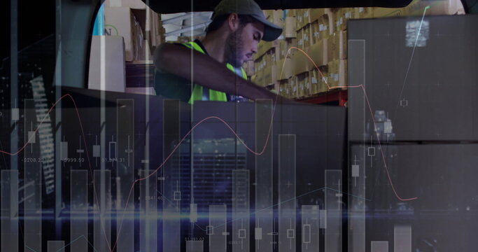 Image of statistics and financial data processing over delivery man and van