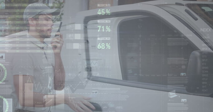 Image of statistics and financial data processing over delivery man and van