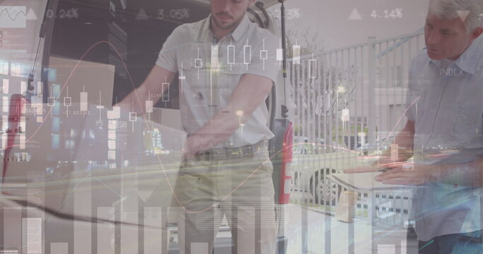 Statistical data processing against caucasian delivery man stacking boxes in his delivery van - Powered by Adobe