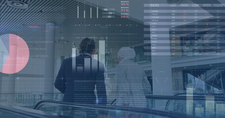 Image of financial data and graphs over diverse businesspeople talking on escalator