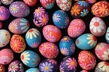 Fototapeta na wymiar colorful easter eggs with a flowers pattern on a black background