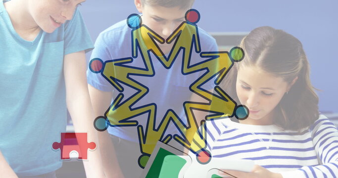 Image of puzzle pieces and icons over diverse schoolchildren using tablet