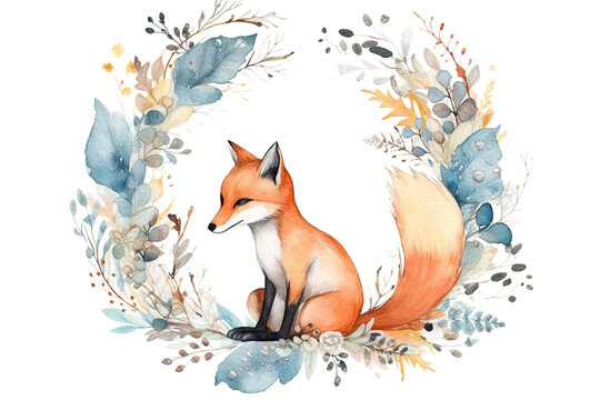 drawn Illustration watercolor card fox plants invitation background white orange wreath isolated greeting blue hand