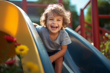 Fototapeta na wymiar Happy preschooler boy playing on a slide on the playground in summer