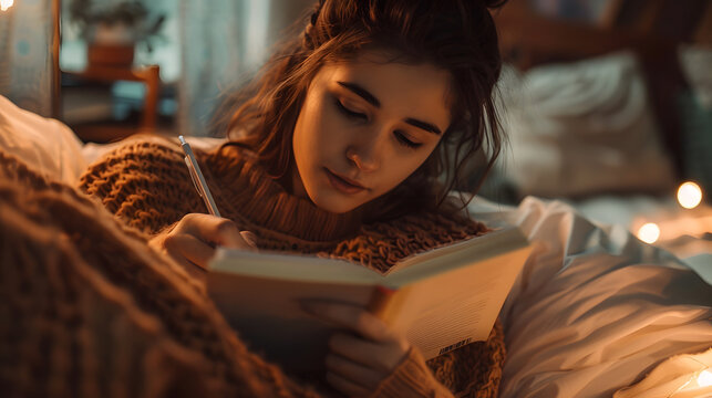 A young woman journaling in a cozy setting, with details of the woman's thoughtful expression, the warm light, and the inviting surroundings.