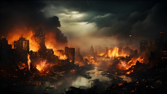 City Burns After Missile Explodes During War. Doomsday Disaster. Seamless Looping 4k Video Animation Background