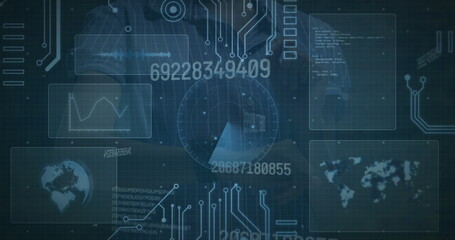 Image of data processing over biracial man using smartwatch