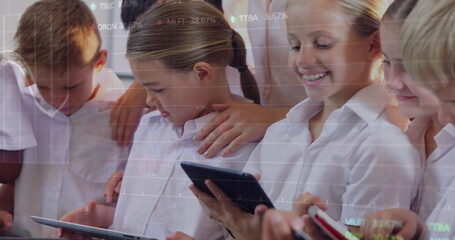 Image of data processing over diverse schoolchildren and teacher using tablets in classroom