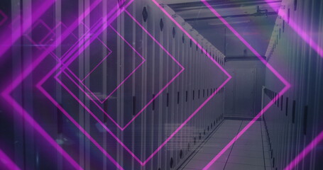 Image of tunnel with neon shapes over data processing and server room - Powered by Adobe