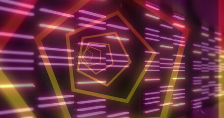 Image of tunnel with neon shapes over moving columns on black background