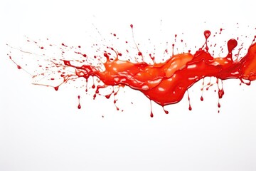 Close up wet stain of red ketchup tomato sauce isolated on white background, directly above