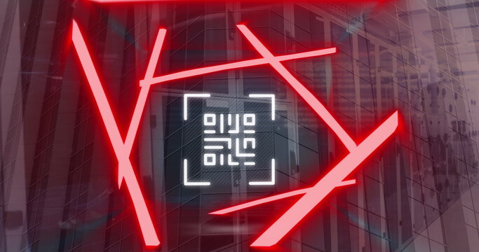 Image of qr code and data processing over cityscape and computer servers
