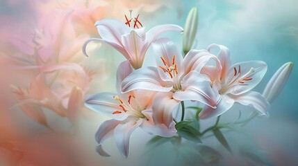 A delicate bouquet of lilies, each bloom seemingly whispering secrets against a backdrop of ethereal mist and pastel hues