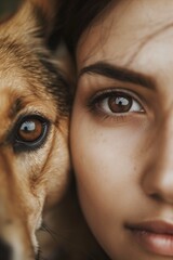 extremely close up of female face with brown eyes and dog, cute young girl with pet, macro shot