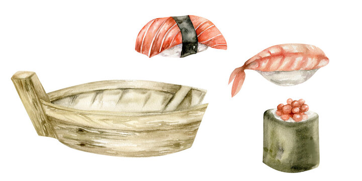 Watercolor seafood set with japanese sushi with salmon, sashimi with shrimp and rolls and wooden boat plate set. Hand drawn seafood illustration , fresh food for restaurant, cafe, menu design.