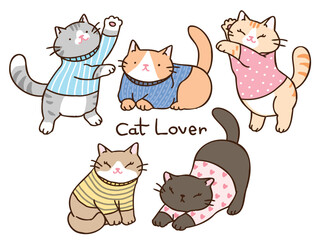 Vector Illustration of Cute Cartoon Cat Characters on Isolated Background