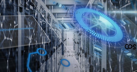 Image of mathematical equations over round scanner and data processing against server room