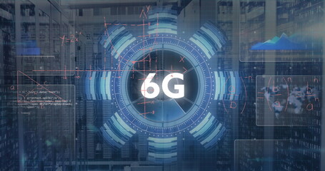 Image of 6g text over round scanner and mathematical equations against computer server room