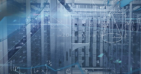 Image of mathematical equations and diagrams with lens flare over server room