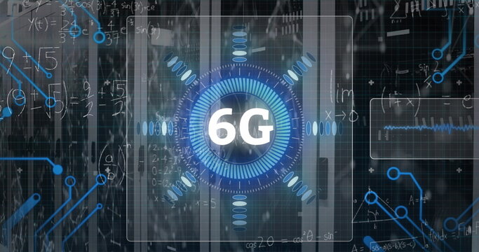 Image of 6g text, microprocessor connections and mathematical equations against server room